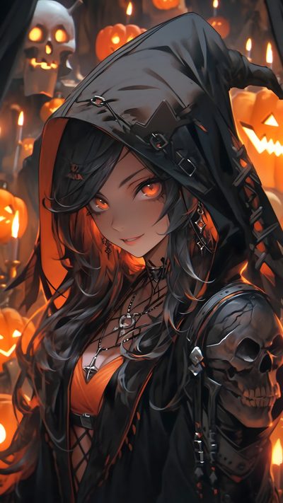 a woman dressed as a witch standing in front of pumpkins Halloween Anime 4k Color, dark slate gray