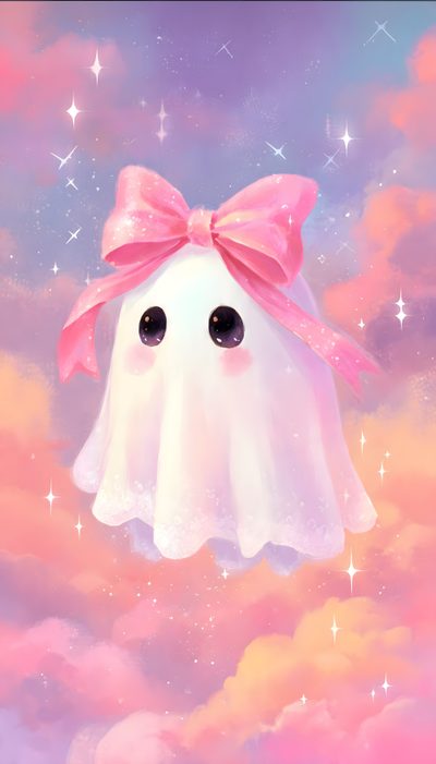 a painting of a ghost floating in the air with a pink bow on its head Kawaii Girly Cute Halloween Kawaii Ghost, Cute Halloween Illustration, Cute Ghost, Goth, light pink