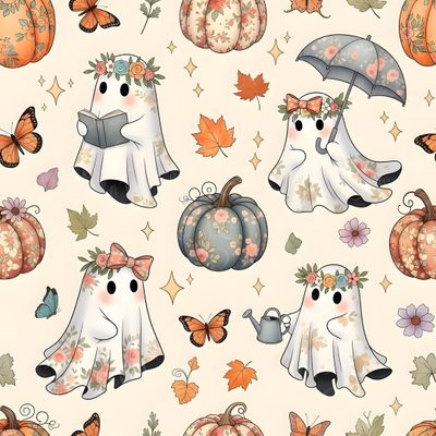 a pattern with pumpkins, ghost and butterflies Cute Halloween For Car Seat Cute Ghost And Pumpkin Pattern, Ghosts And Flowers Pattern, Cute Ghosties, linen