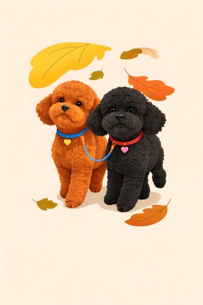 two black poodles standing next to each other with autumn leaves on the ground Halloween Poodle Cartoon Animals, Dogs, Animals, antique white