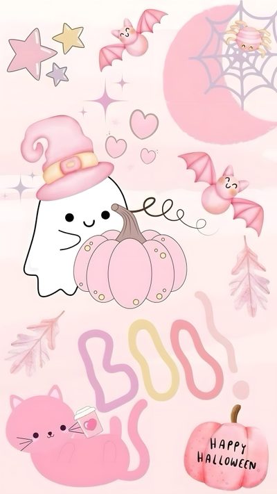 a pink halloween card with an image of a cat, pumpkin and other items on it Happy Halloween Pink Lilo I Stich, Halloween Rose, Halloween Iphone Backgrounds, Halloween Backgrounds, linen