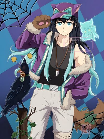 an anime character is standing in front of a blue background Halloween Muichiro Art Memes, Criaturas Míticas, Anime Shows, Anime Demon, slate gray