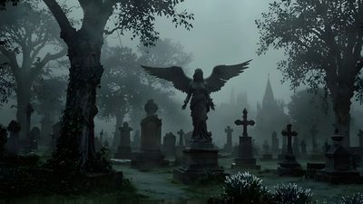 an angel statue in the middle of a graveyard with tombstones and trees around it Dark Halloween Aesthetic Laptop Goth Laptop, Gothic Background, Laptop, Mlg, dark slate gray