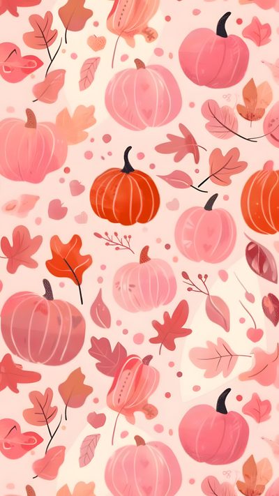 an orange and pink fall pattern with pumpkins, leaves, and acorns Pink And Orange Halloween Fall Iphone Pink, Fall Pastel, Pink Fall Background, Fall With Pink,