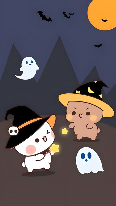 two cartoon characters dressed up as witches and ghost Bubu Dudu Halloween Funny Doodles, Chibi Drawings, Iphone Disney Princess, dark slate gray