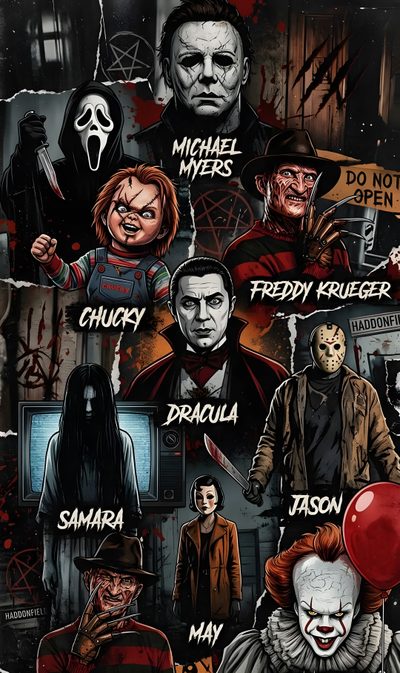 a poster with many different characters and names on it's sides, including clowns Halloween Movies Halloween Horror, Halloween Camping, Scary Movie Characters, Horror Pictures, black
