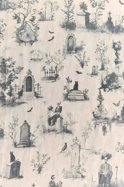 a black and white wallpaper with lots of different things on it Halloween Toile Gothic Halloween, Halloween Table Linens, Halloween Pattern, Spooky House, light gray
