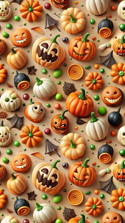 many different pumpkins and jack - o'- lanterns are arranged on the wall Halloween Pumpkins Non Traditional Halloween Dollhouse, Halloween Food, 3d Halloween, peru