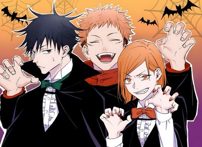two anime characters are posing for the camera with their hands up in front of them Jujutsu Kaisen Halloween Anime Group, Juju On That Beat, Anime Halloween, Halloween Icons, Anime Mangas, peru