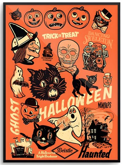 an orange halloween poster with lots of pumpkins, ghost and other items on it Beistle Halloween Vintage Halloween Clipart, Halloween Retro, 1950s Halloween, Vintage Halloween Cards, tomato