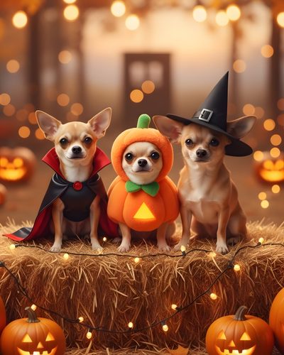three chihuahuas dressed up in halloween costumes sitting on hay with pumpkins around them Halloween Chihuahua Cute Chihuahua, Dog Halloween Costumes, Chihuahua Dogs, Friends Show, sienna