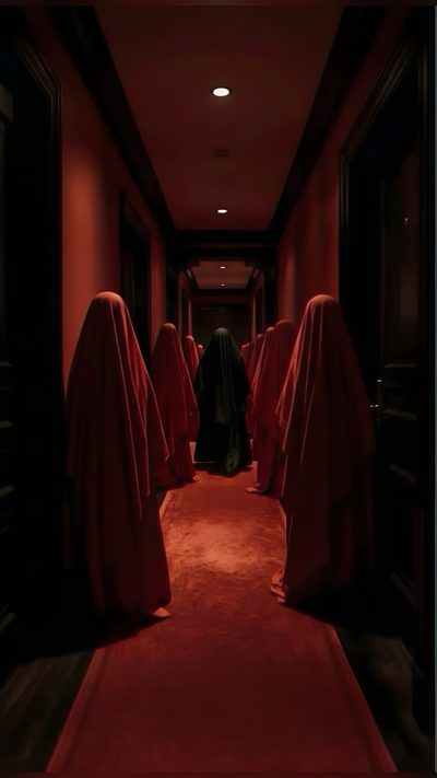 a long hallway with red carpet and curtains on the walls, leading to another room Halloween Hallway Horror Hotel Pictures, Horror Hotels, Horror Movie With Twins In Hallway, black