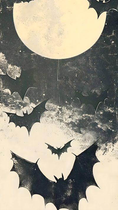 bats flying in front of the moon and clouds Halloween Bat Silhouettes Retro Halloween Background Gothic, Backgrounds Spooky, Halloween Grunge, gray