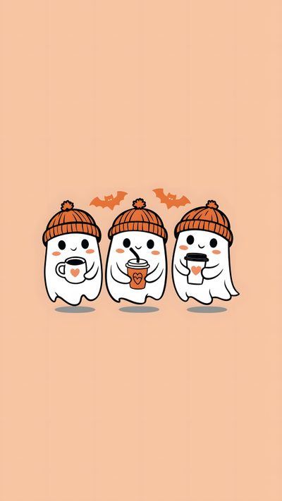 three snowmen with hats and bats on their heads, one is holding a cup Halloween Apple Watch Faces Iphone October, October Iphone, Halloween Iphone Aesthetic, burlywood