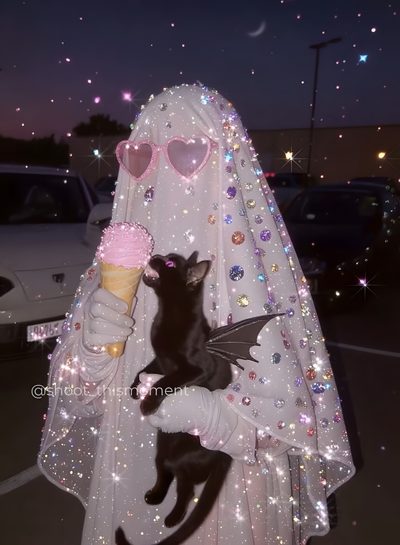 a black cat sitting on top of a woman's head while holding an ice cream cone Cute Glitter Halloween Bat Costume, Halloween 20, Glitter Art, Grunge Style, Witch Aesthetic, dark slate gray