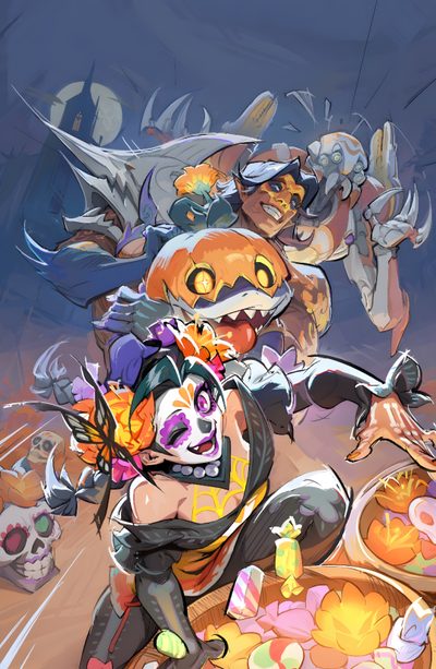 an image of a group of cartoon characters with pumpkins and skulls on the ground Overwatch Halloween Overwatch Halloween, Hero Arts, Marvel Rivals Art, Halloween Overwatch Skins, dim gray