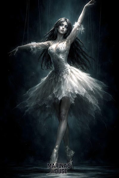 the poster for marina's house shows a ballerina in white dress with long black hair Halloween Ballerina Cover, black