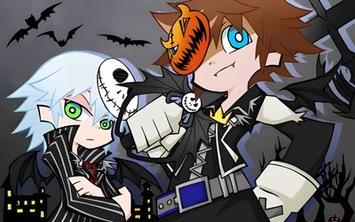 two anime characters standing next to each other in front of bats and pumpkins on the ground Kingdom Hearts Halloween Sora Jack Skellington, Sora And Jack Skellington, Sora Nightmare Before Christmas, dark olive green