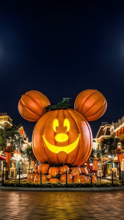 a mickey mouse pumpkin in the middle of a street with buildings and lights behind it Disneyland Halloween Halloween Iphone, Halloween, Halloween Desktop, Disney Mignon, Photo Halloween, black
