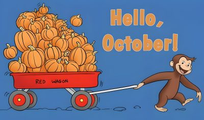 a monkey pulling a wagon full of pumpkins with the words hello october written on it Curious George Ipad Halloween Curios George Background Fall, Curious George Halloween, Fall Background Curious George, steel blue
