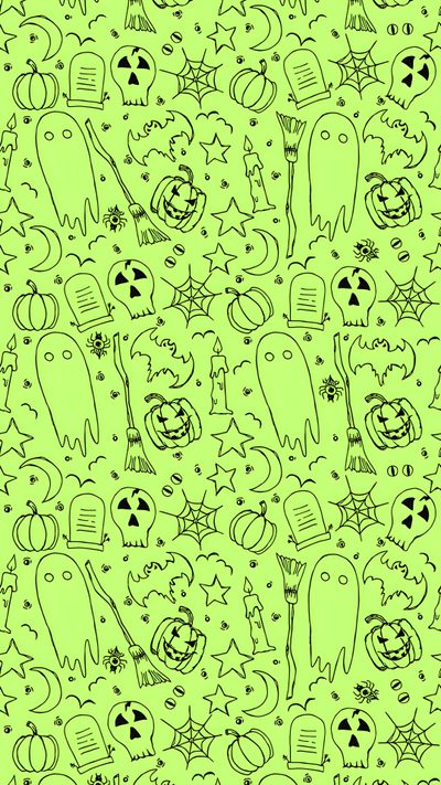 a green background with black and white doodles on it, all in different shapes Cute Green Halloween Cute Green Halloween, Aesthetic Green Halloween Background, Dark Green Halloween,