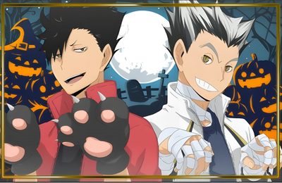 two anime characters holding their hands up in front of a full moon and bats background Haikyuu Halloween Haikyuu Halloween Pfp, Haikyuu Halloween Icons, Halloween Haikyuu, dim gray