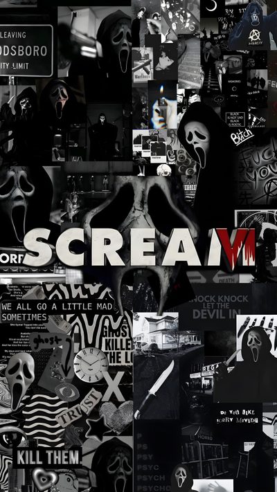 a collage of black and white images with the words scream on them Halloween Aesthetic Scream Halloween Iphone Backgrounds, Castlevania, Baby Blue, Scary Movie Characters, black