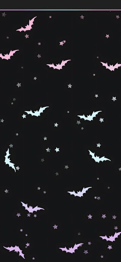 bats and stars in the night sky on a black background with pink, purple, and blue colors Halloween Pastel Bats On Black-small Bat Backgrounds, Girly Goth, Pink Bat, Bat Pattern,