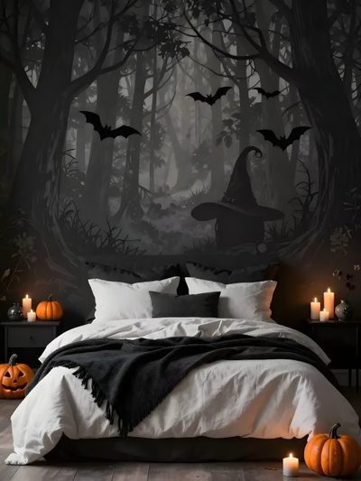 a bedroom decorated in black and white with halloween decorations Halloween Witch For Bedroom Witchy Bedroom Ideas, Witchy Bedroom, Aesthetic Space, dark slate gray