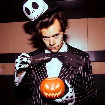 a man dressed as jack skellingy holding a pumpkin Harry Styles Happy Halloween Iphone Harry Styles In Costume, Harry Styles Fine Line Costume, Harry Styles Pumpkin, dark slate gray