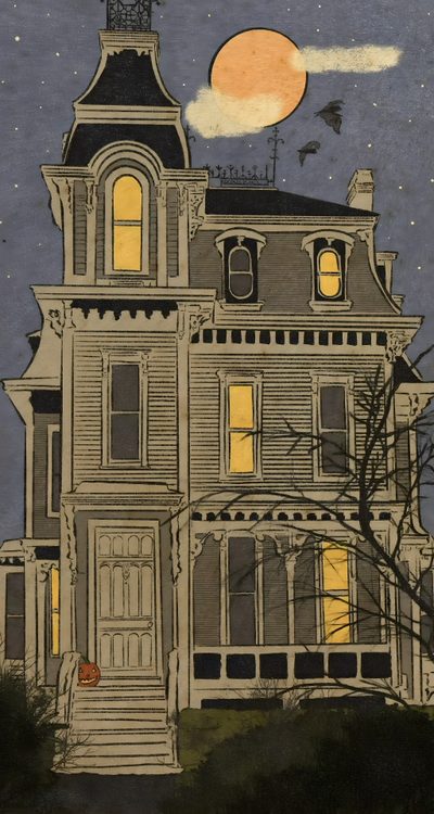 an old house with the moon in the background Vintage Halloween Haunted House Phone Backgrounds Aesthetic Vintage, Vintage Halloween Pictures, Vintage Halloween Phone, dim gray