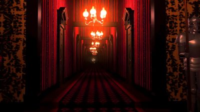 an image of a hallway with chandelier and red light coming from the ceiling Halloween Haunted Hotel Haunted Hotel Background, Horror Hotel Background, Phantom Manor Endless Hallway, black