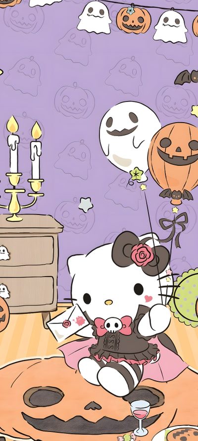 hello kitty is sitting on the floor in front of halloween decorations and pumpkins, Sanrio Hello Kitty Halloween Hello Kitty Halloween, Hello Kitty Iphone Halloween, Hello Kitty And Friends Halloween, silver