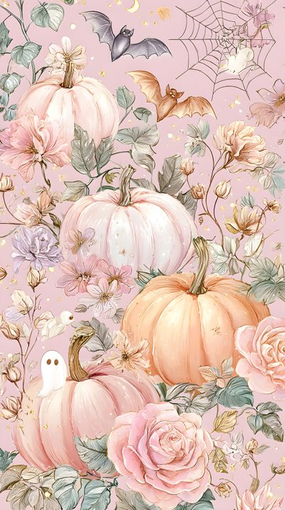 a pink background with pumpkins and flowers Halloween Floral Aesthetic Pumpkin, Pumpkin Images, Spooky Costumes, Image Cat, Cellphone Backgrounds, pink