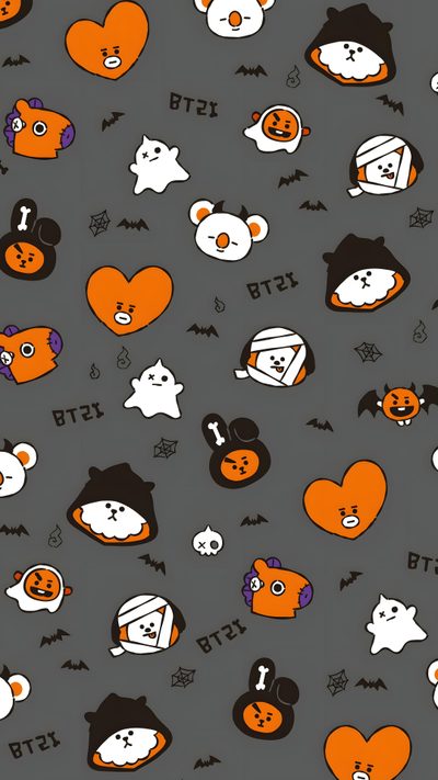 an image of halloween themed wallpaper Bt21 Halloween K Pop Halloween, Bt21 Pumpkin Painting, Bt21 Fall, Bt21 Thanksgiving, Bt21 Christmas, dim gray
