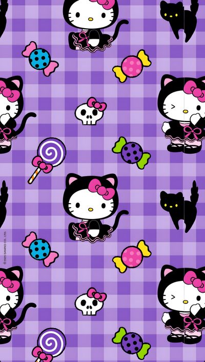 an image of hello kitty wallpaper with skulls and cats on purple checkered background Purple Hello Kitty Halloween Sanrio Hello Kitty Halloween, Hello Kitty And Friends Halloween Background, Kitty Halloween Background,
