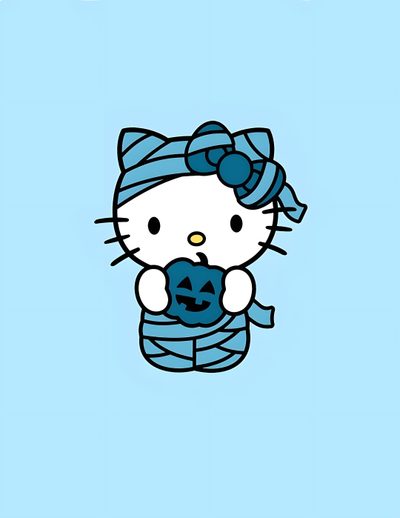 hello kitty holding a pumpkin in her hands with the caption hello kitty on it Blue Hello Kitty Halloween Hello Kitty Cake, Cat Cake, Kitty, Dark Blue, Hello Kitty, pale turquoise