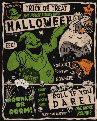 a poster with an image of a green monster and other things on it that says trick or treat the house always has Halloween Bogey Halloween Illustrations, Poster Ideas, Halloween Disney, Oogie Boogie Man, black