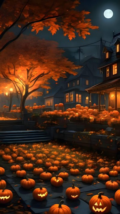a painting of pumpkins in front of a house at night Bing Halloween Halloween Nature, Cozy Halloween, Halloween Scenery Pictures, Halloween Screensavers, black
