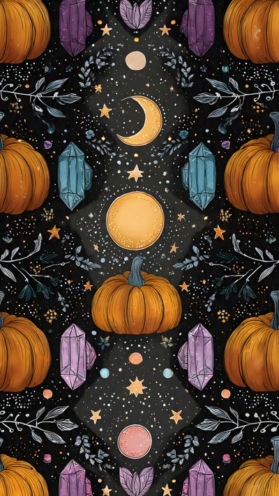a black background with pumpkins, stars and crystals on it's sides in the night sky Halloween Pumpkins And Stars Scattered Pattern, dark slate gray