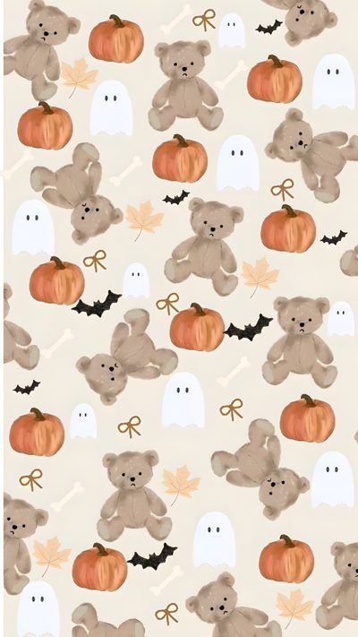 a pattern with teddy bears and pumpkins on it's side, as well as bats Teddy Bear Halloween Autumn Phone, Christmas Iphone Cute, Halloween Iphone Backgrounds, beige
