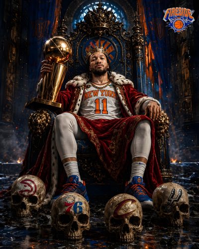a man sitting on top of a golden throne holding a trophy and two skulls in front of him Halloween Nba Nba Finals, New York Knicks, Nba, Basketball, New York, black
