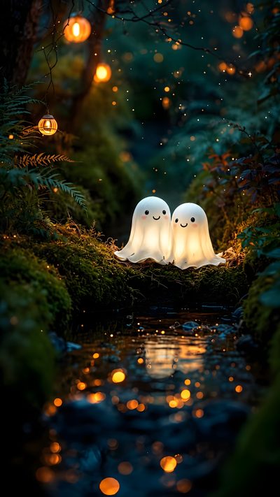 two white ghost statues sitting on top of a moss covered forest next to a body of water Halloween Duo Ghost Iphone, Fall Ghost, Cute Ghost, Halloween Cute, Airbnb Rentals, Sparkling Lights, black