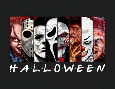 an image of halloween characters with the words happy halloween on it's front and side Halloween Horror Friends Horror Characters Friends, Horror Characters All Together, Halloween Horror Friends, black