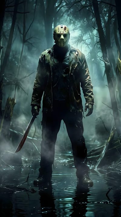 a man standing in the middle of a forest holding a knife and wearing a mask Jason Halloween Friday The 13th Jason, Jason Voorhees, Jason Vorhees, Amazing Christmas Trees, dark slate gray