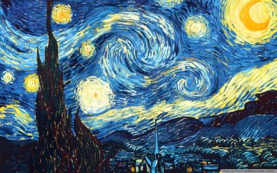 the starry night painting is shown with buildings and trees in the foreground, Van Gogh Starry Night Halloween Starlight Night Van Gogh, Notebook Van Gogh, Hardest Painting In The World, dark slate blue