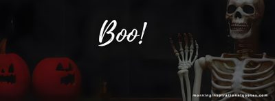 a skeleton sitting in front of two pumpkins with the words boo on it's side Halloween Fb Halloween Party Facebook Event Cover Photo, Spooky Facebook Cover Photos, Spooky Season Cover Photo, black
