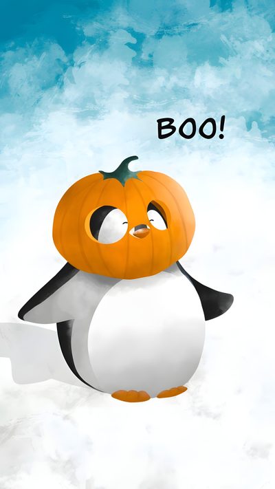 a penguin with a pumpkin on it's head and the words boo above it Penguin Halloween Penguin In A Costume, Thanksgiving Penguin, Halloween Penguin Clipart, lavender