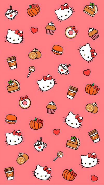 hello kitty wallpaper with many different types of food Halloween Hello Kitty Fall Hello Kitty Halloween, Hello Kitty Pumpkin, Hello Kitty Hd, light coral