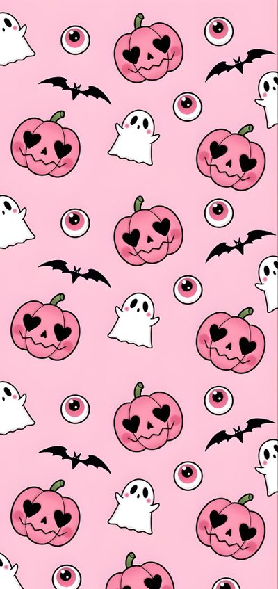 a pink background with lots of halloween pumpkins and ghost faces on the bottom half Pastel Goth Halloween Halloween Iphone Pink, Cute Pink Halloween Iphone, Pink Halloween Iphone,